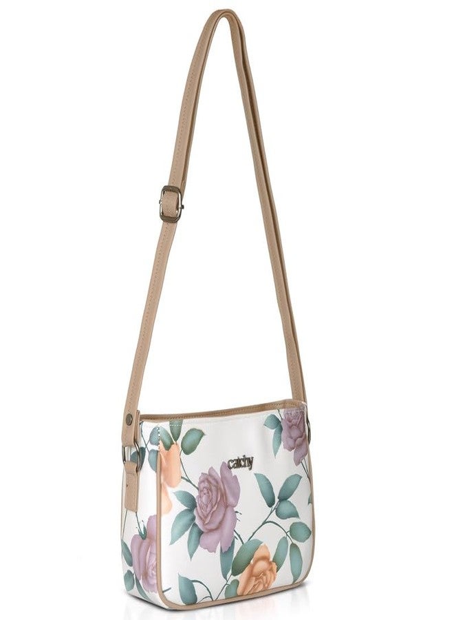 Catchy Beige Faux Leather Zip Closure Womens Sling Bag - Image 2